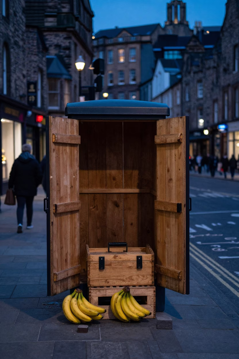 Edinburgh Evening Street Scene with Toolbox and Bananas in in Edinburgh, United Kingdom