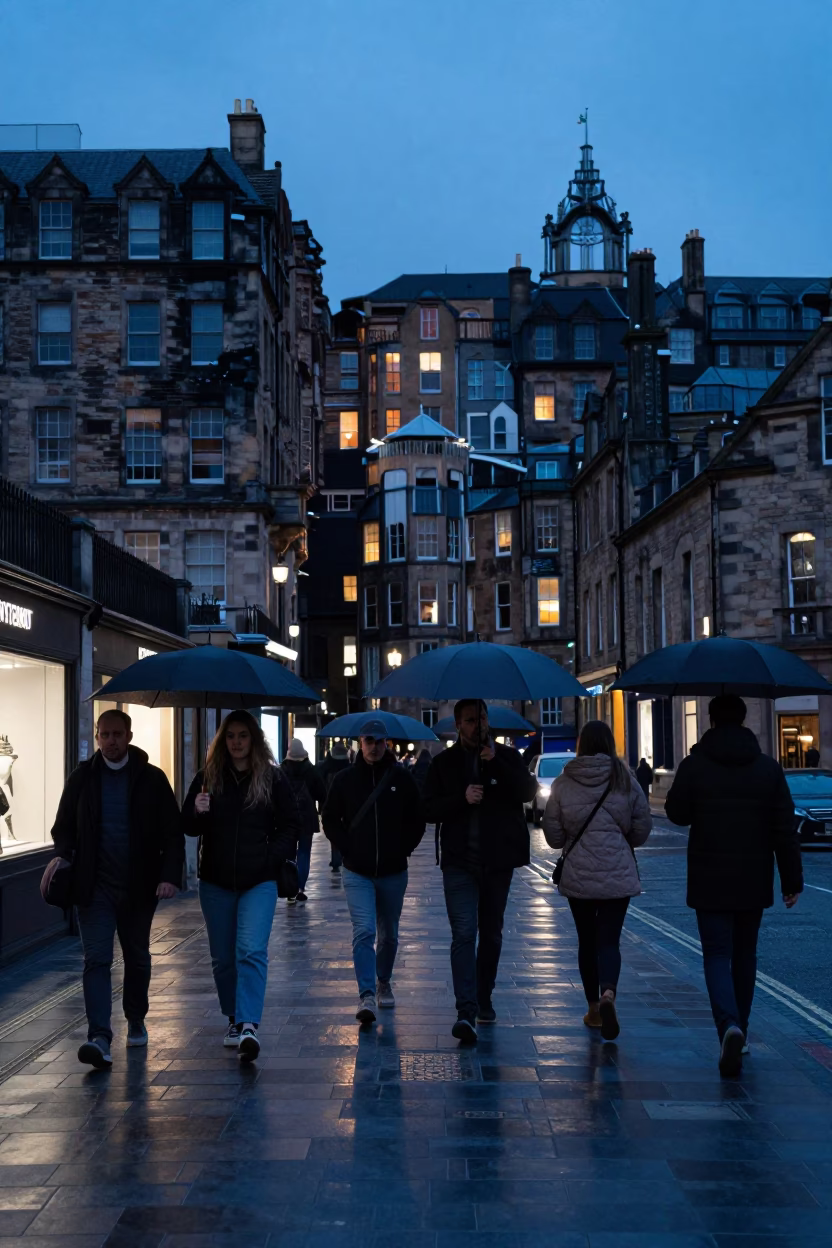 Edinburgh Evening Street Scene with Umbrellas and Stone Architecture in in Edinburgh, United Kingdom