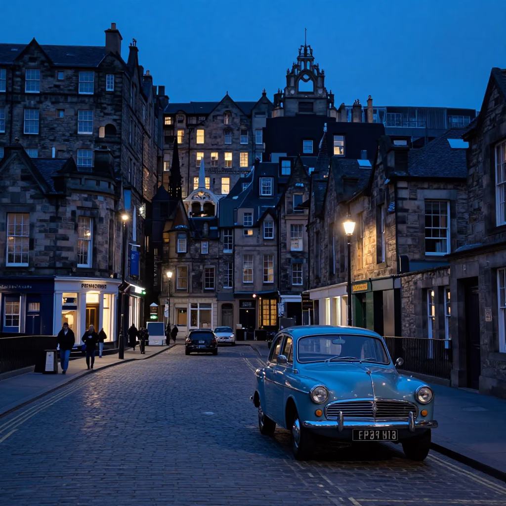 Edinburgh Evening Street Scene with Vintage 1950s Charm and Local Details in in Edinburgh, United Kingdom