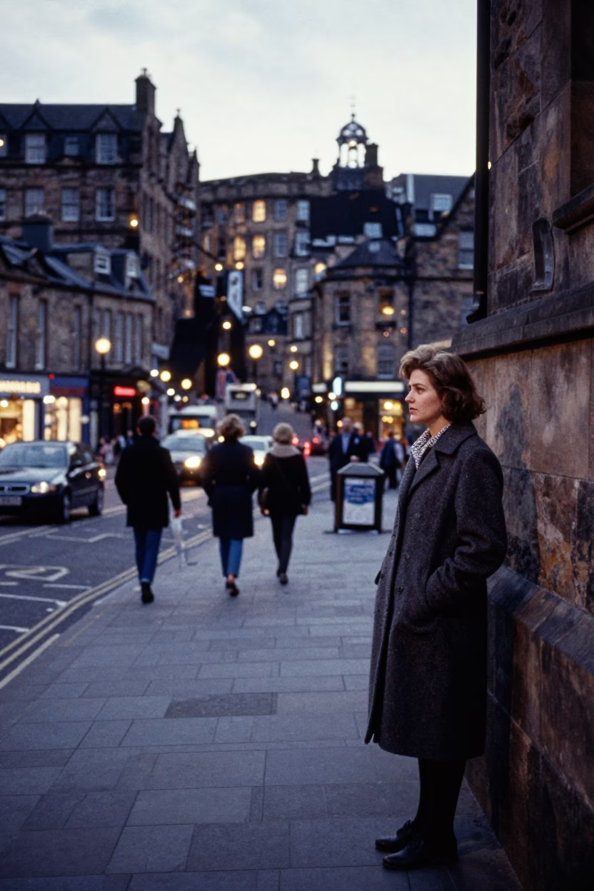 Edinburgh Evening Street Scene with Vintage 1980s Elements and City Lights in in Edinburgh, United Kingdom