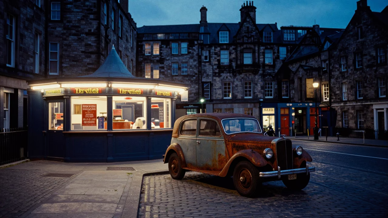 Edinburgh Evening Street Scene with Vintage Car and Rusty Mirror at Twilight in in Edinburgh, United Kingdom