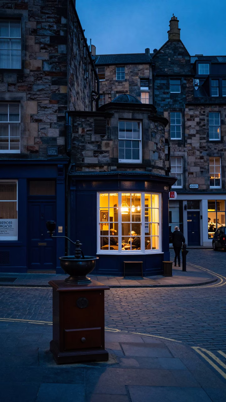 Edinburgh Evening Street Scene with Vintage Coffee Grinder and Enamel Bowls in in Edinburgh, United Kingdom