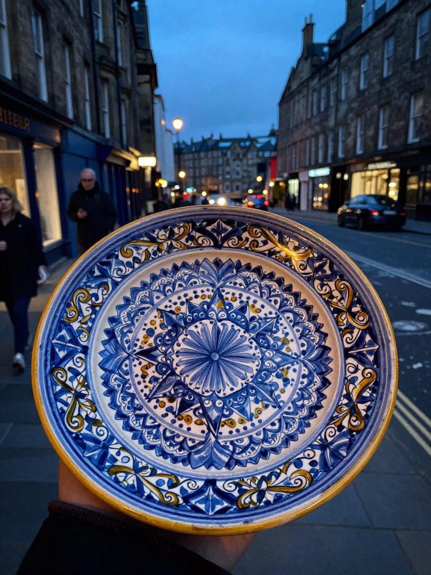 Edinburgh Evening Street Scene with Vintage Italian Majolica Plate and Coffee Grinder in in Edinburgh, United Kingdom