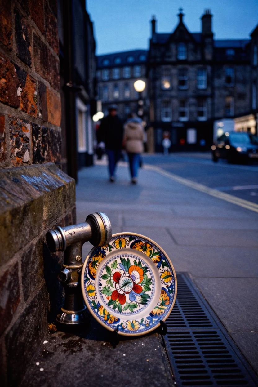 Edinburgh Evening Street Scene with Vintage Majolica Plate and Hose Nozzle in in Edinburgh, United Kingdom