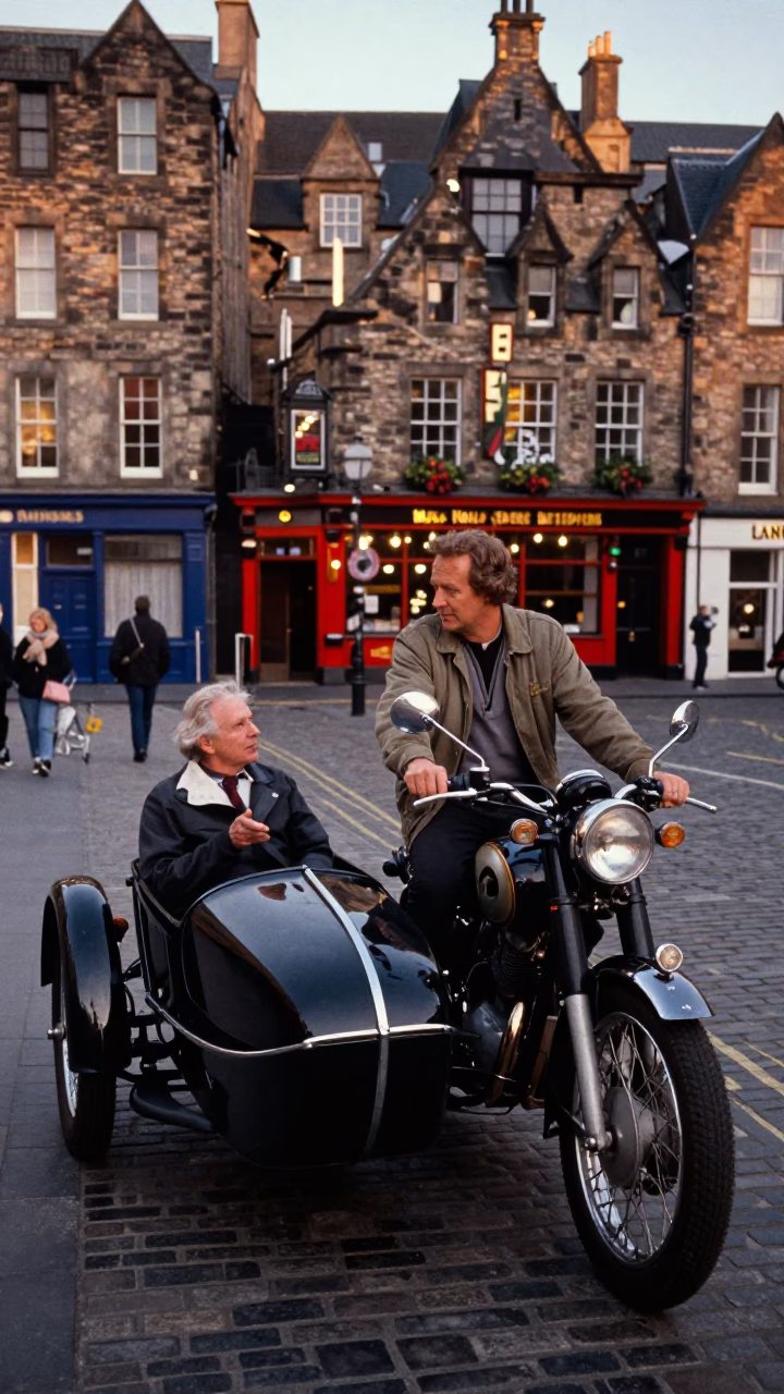 Edinburgh Evening Street Scene with Vintage Motorcycle and Sidecar in Honeyed Light in in Edinburgh, United Kingdom