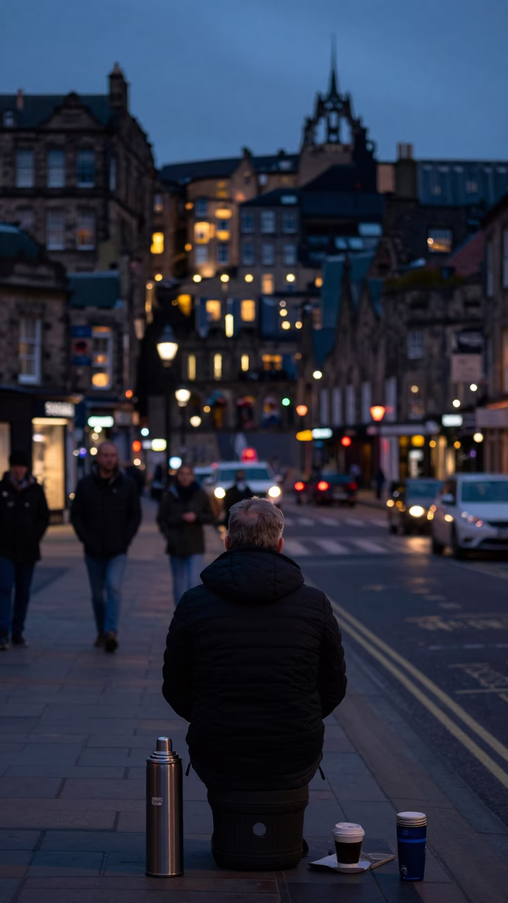 Edinburgh Evening Street Scene with Vintage Thermos and Coffee Grind in in Edinburgh, United Kingdom