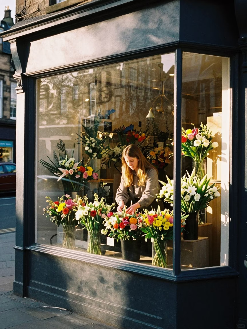 Edinburgh Florist Shop Window Display in Late Afternoon Light in in Edinburgh, United Kingdom