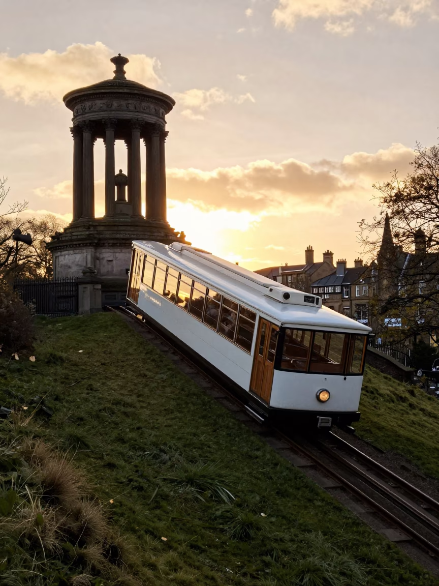 Edinburgh Funicular Railway Climbing Calton Hill During Golden Hour Sunset in in Edinburgh, United Kingdom