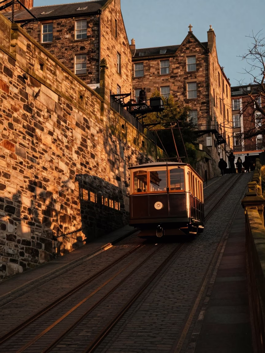 Edinburgh Funicular Railway Climbing Steep Hill in Honeyed Evening Light in in Edinburgh, United Kingdom