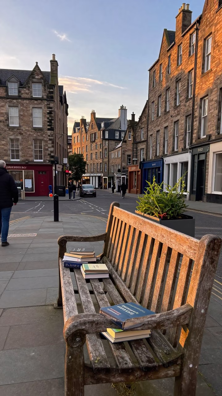 Edinburgh Golden Hour Street Scene with Books and Herb on Bench in in Edinburgh, United Kingdom