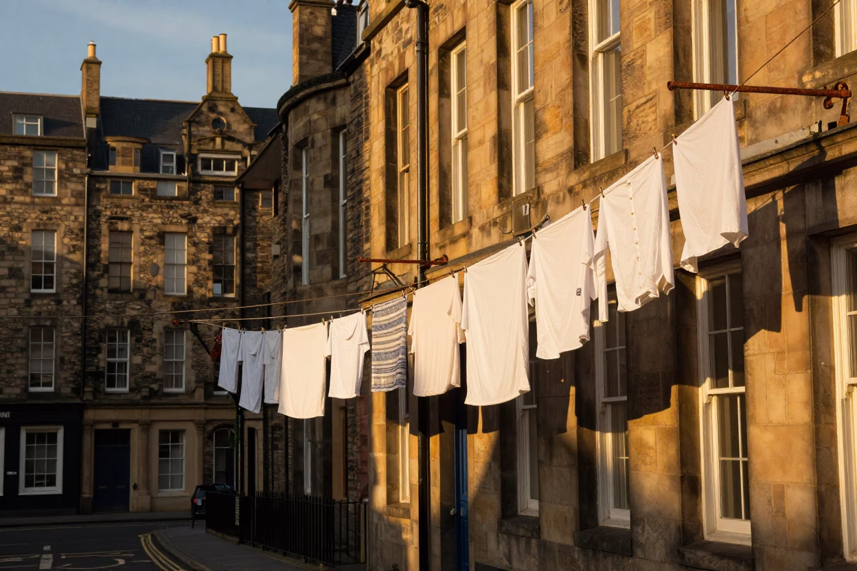 Edinburgh Golden Hour Street Scene with Hanging Laundry and Local Life in in Edinburgh, United Kingdom