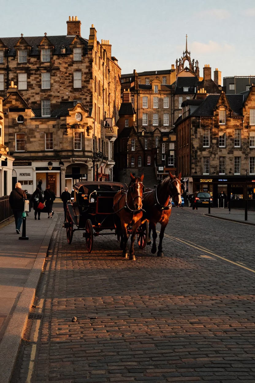 Edinburgh Golden Hour Street Scene with Horse-Drawn Carriage and Historic Sandstone Architecture in in Edinburgh, United Kingdom