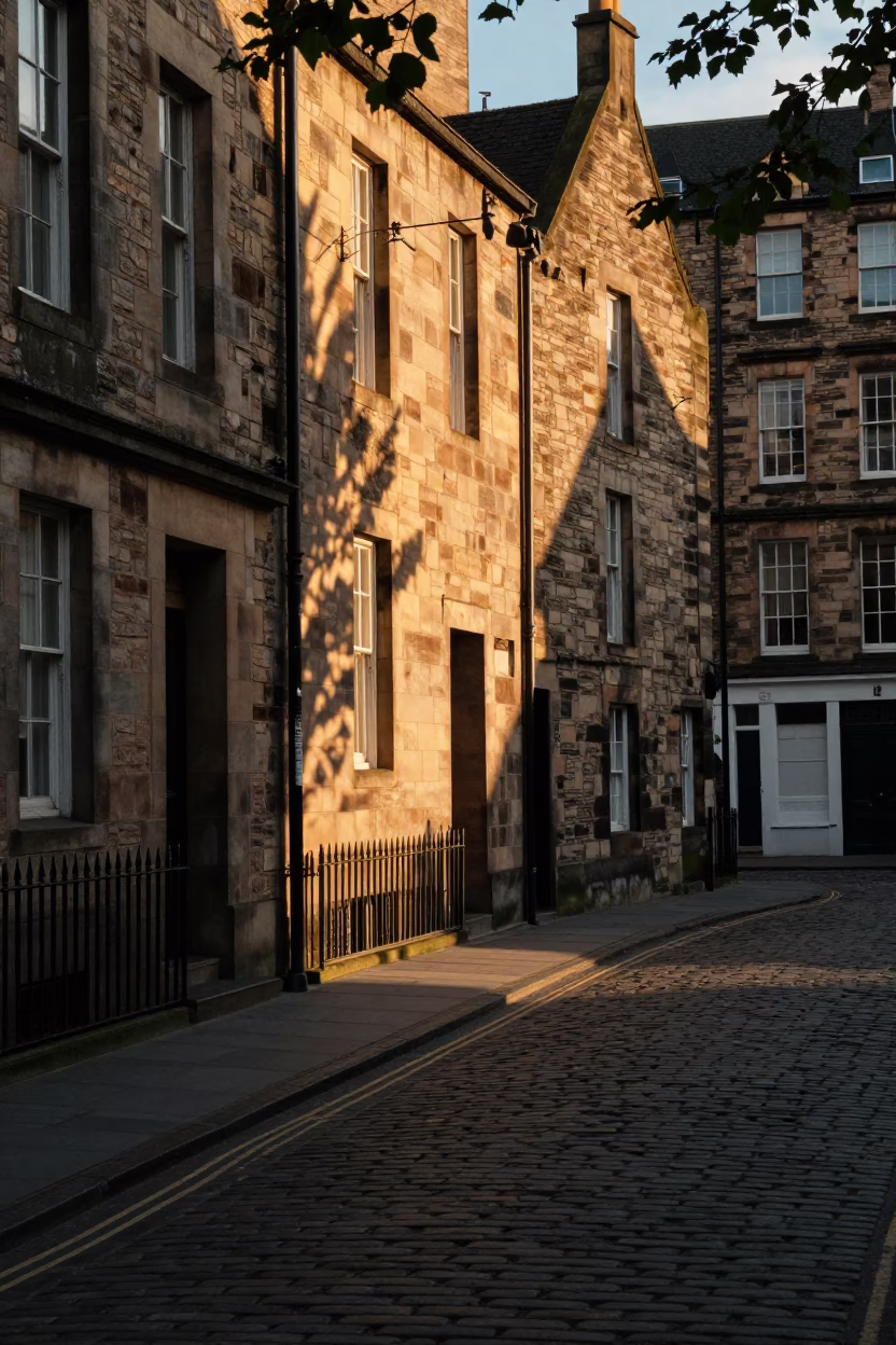 Edinburgh Golden Hour Street Scene with Leaf Shadows and Urban Details in in Edinburgh, United Kingdom