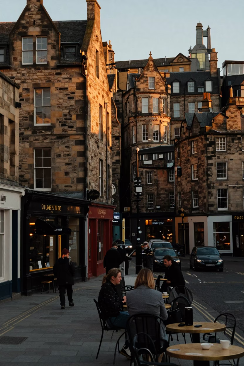 Edinburgh Golden Hour Street Scene with Local Cafe Espresso and Historic Architecture in in Edinburgh, United Kingdom