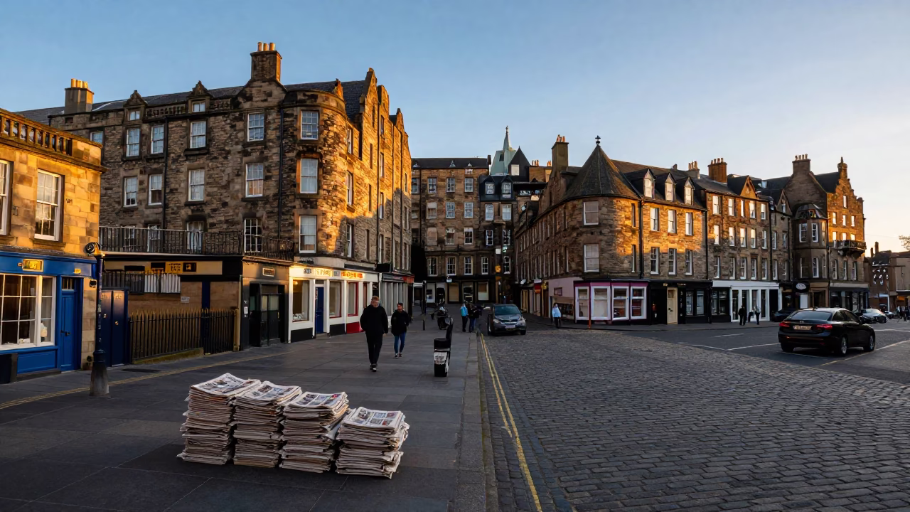 Edinburgh Golden Hour Street Scene with Newspaper Stack and Local Life in in Edinburgh, United Kingdom