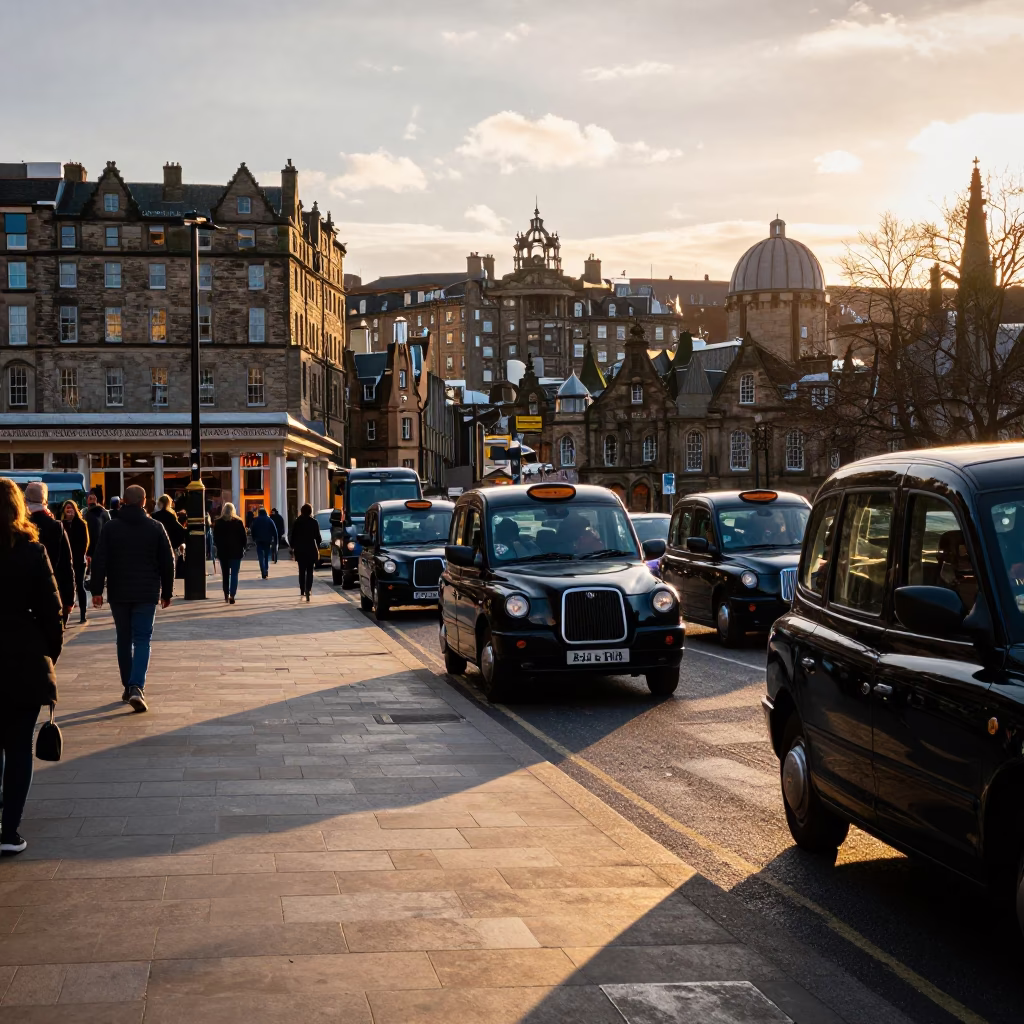 Edinburgh Golden Hour Street Scene with Taxi Rank and Observatory Dome in in Edinburgh, United Kingdom