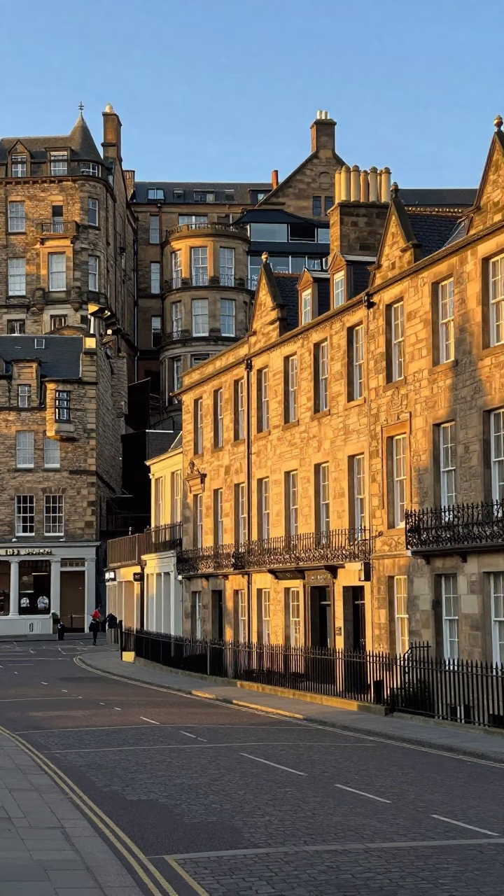 Edinburgh Golden Hour Street Scene with Traditional Architecture and Local Life in in Edinburgh, United Kingdom