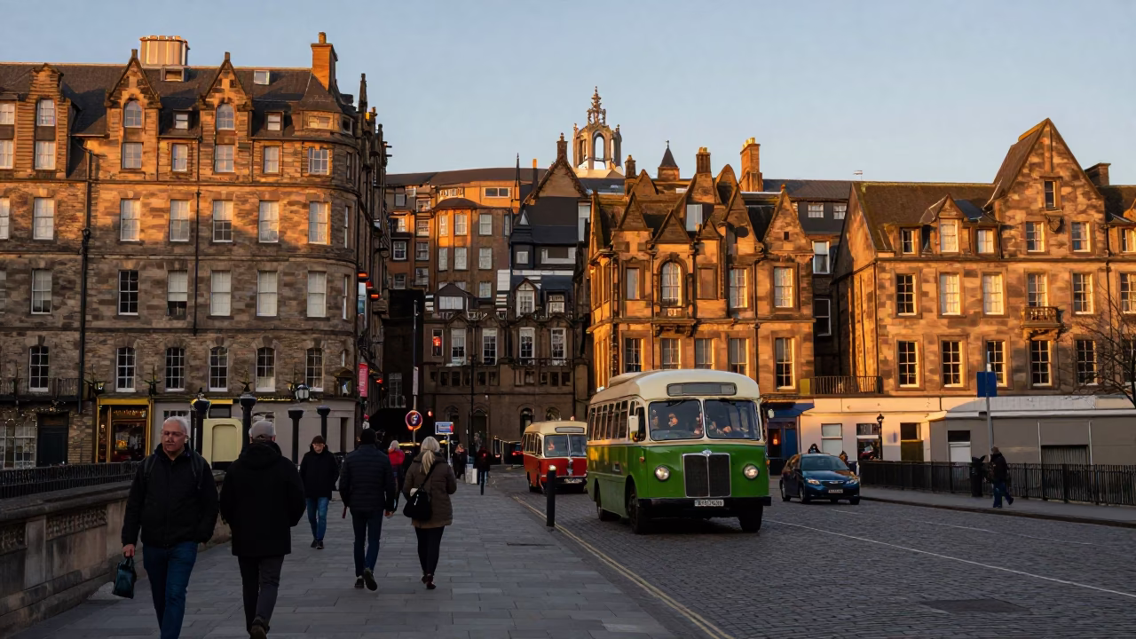 Edinburgh Golden Hour Street Scene with Vintage 1960s Bus and Pedestrians in in Edinburgh, United Kingdom