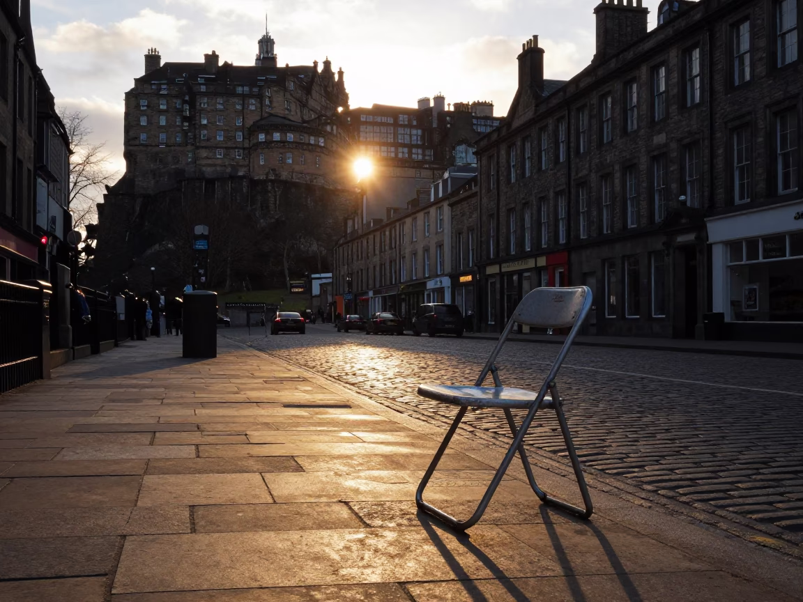 Edinburgh Golden Hour Street Scene with Vintage Folding Chair and Urban Details in in Edinburgh, United Kingdom