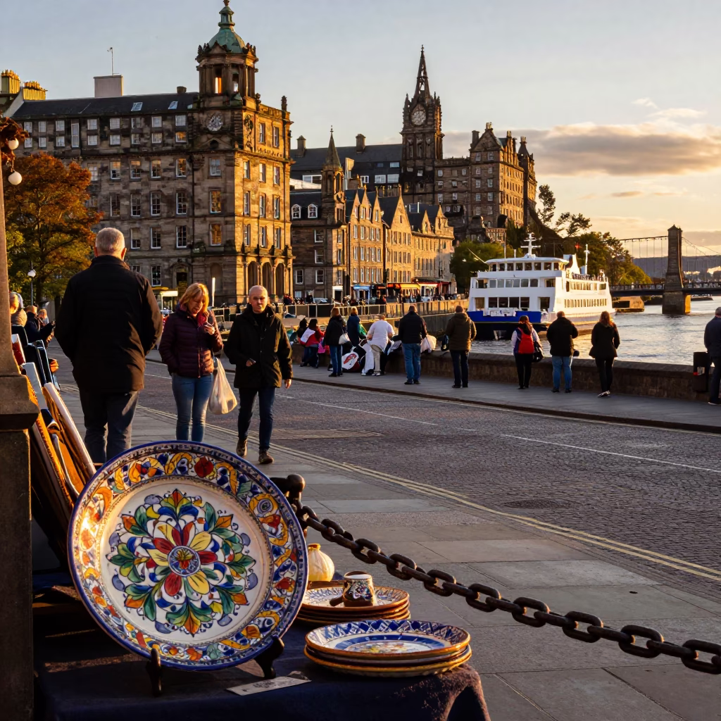 Edinburgh Golden Hour Street Scene with Vintage Majolica Plate and Chain Ferry in in Edinburgh, United Kingdom