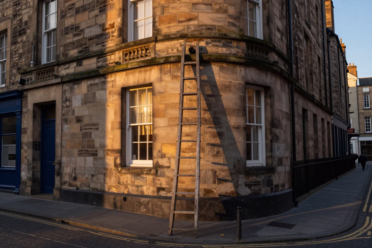 Edinburgh Golden Hour Street Scene with Wooden Ladder and Window Light on Chair Rung in in Edinburgh, United Kingdom