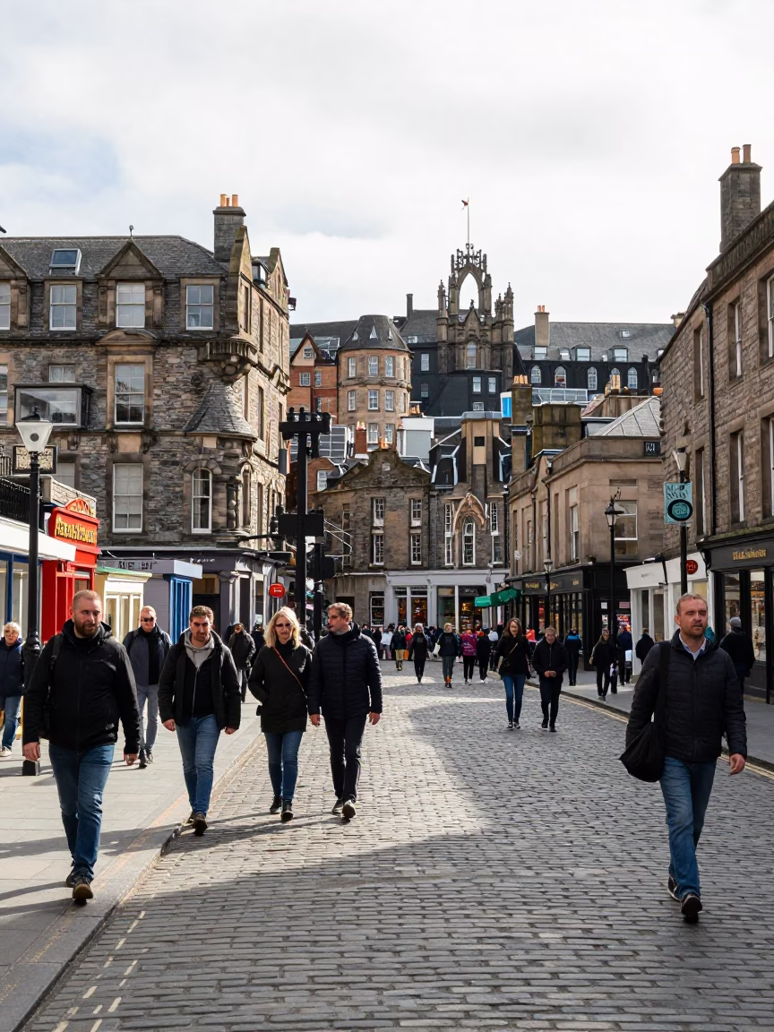 Edinburgh Grassmarket Street Scene Under Flat Noon Light with Crate and Glass Jar in in Edinburgh, United Kingdom