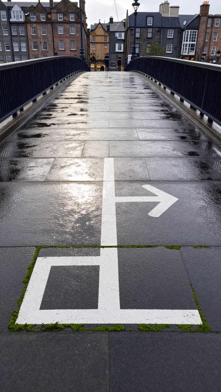 Edinburgh Harbor Drizzle on Drawbridge Deck Markings with Moss and Pebbles in in Edinburgh, United Kingdom
