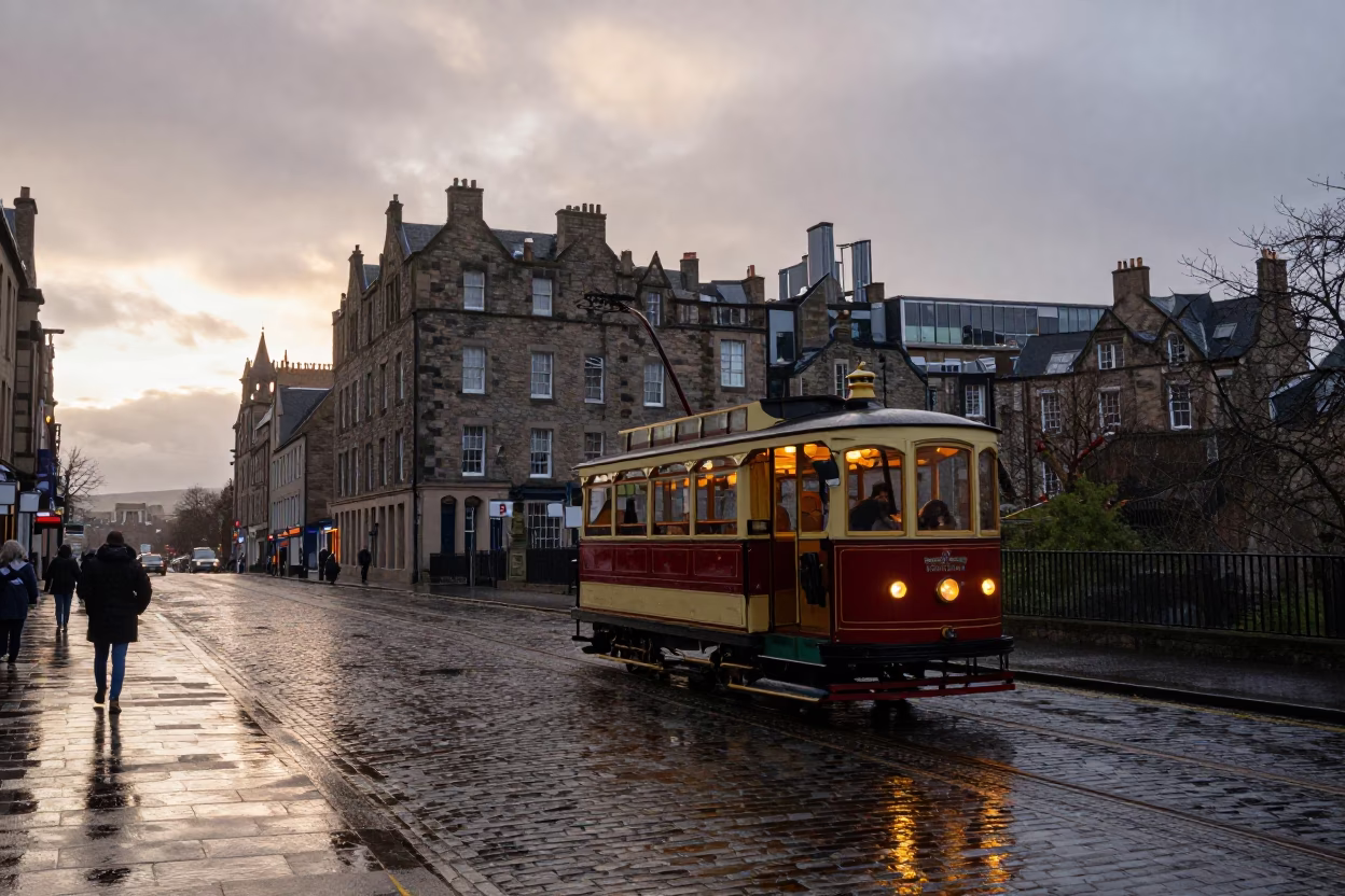 Edinburgh Heritage Tram at First Light Of Dawn in in Edinburgh, United Kingdom