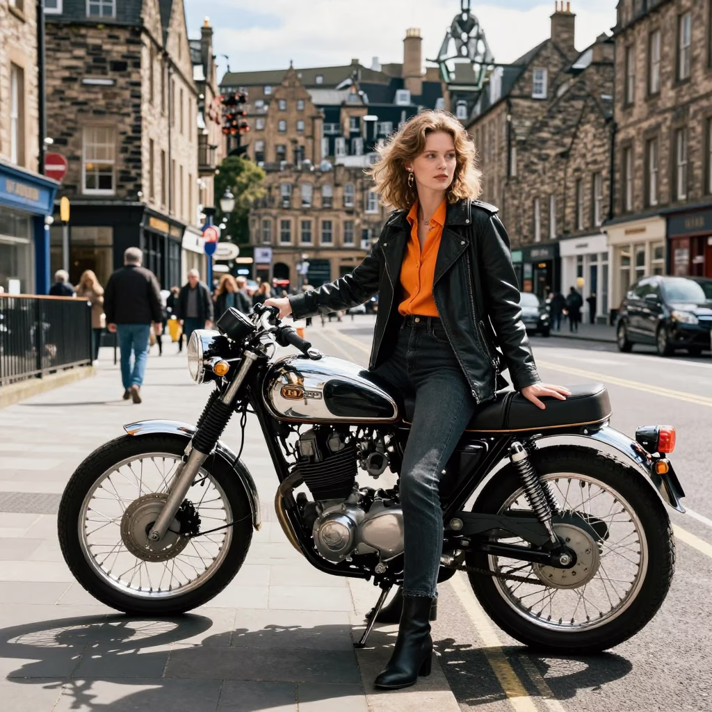 Edinburgh High Street Fashion Shoot Midday with Vintage Motorcycle and Steel Cabinet Detail in in Edinburgh, United Kingdom
