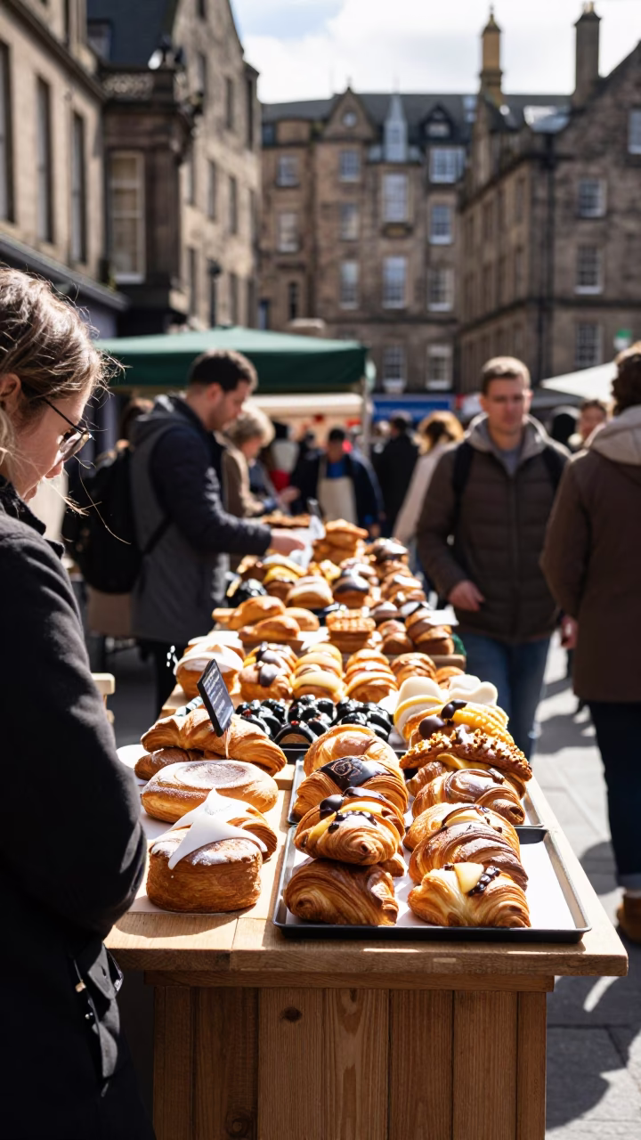 Edinburgh High Street Market Stall with Fresh Pastries in Bright Midmorning Light in in Edinburgh, United Kingdom