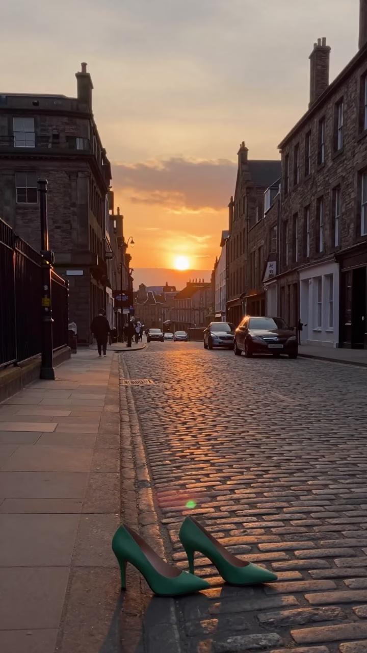Edinburgh High Street Sunset with Vintage Green Pumps and Red Camellia in in Edinburgh, United Kingdom