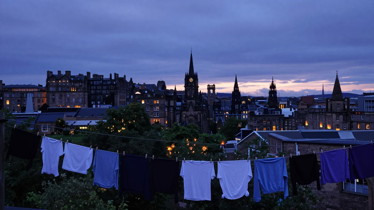 Edinburgh Indigo Twilight Skyline with Laundry Lines and Urban Horizon Shot in in Edinburgh, United Kingdom