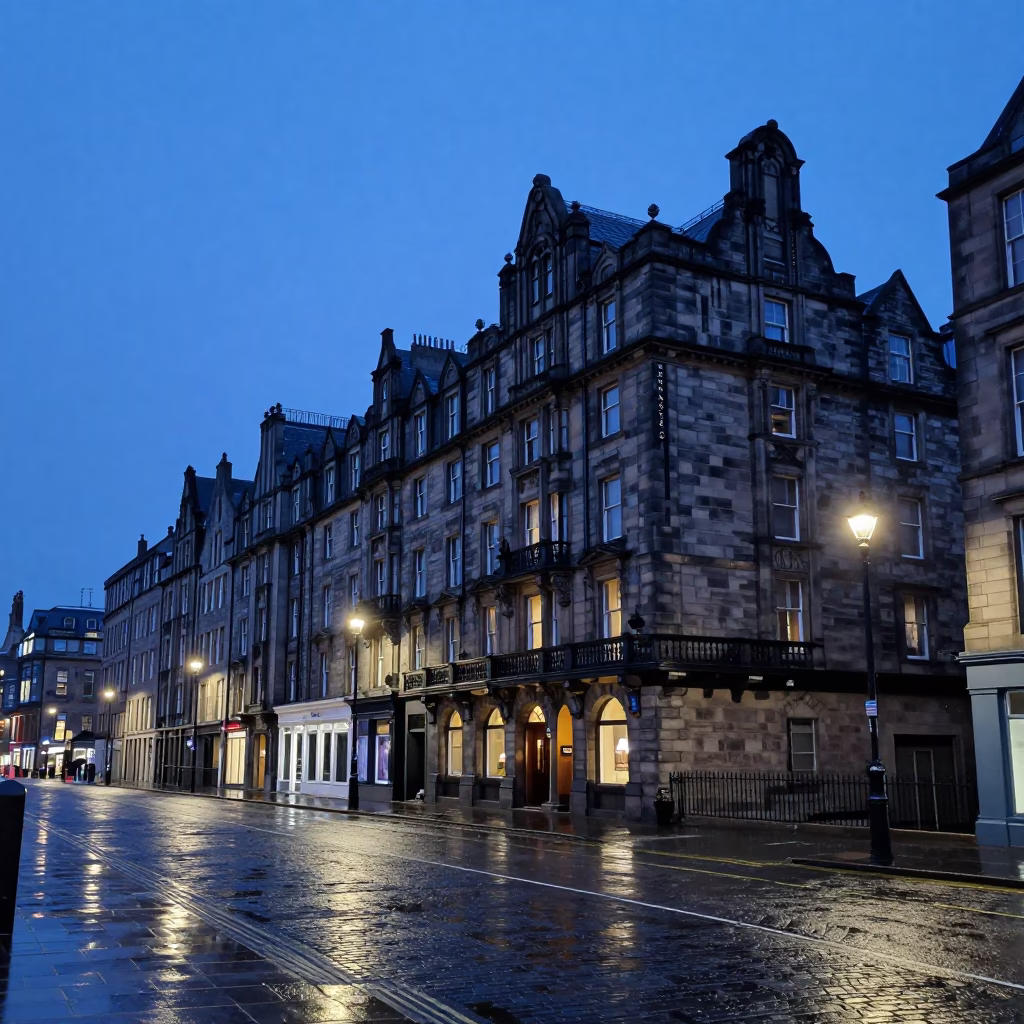 Edinburgh Indigo Twilight Street Scene with Art Deco Hotel and Urban Life in in Edinburgh, United Kingdom