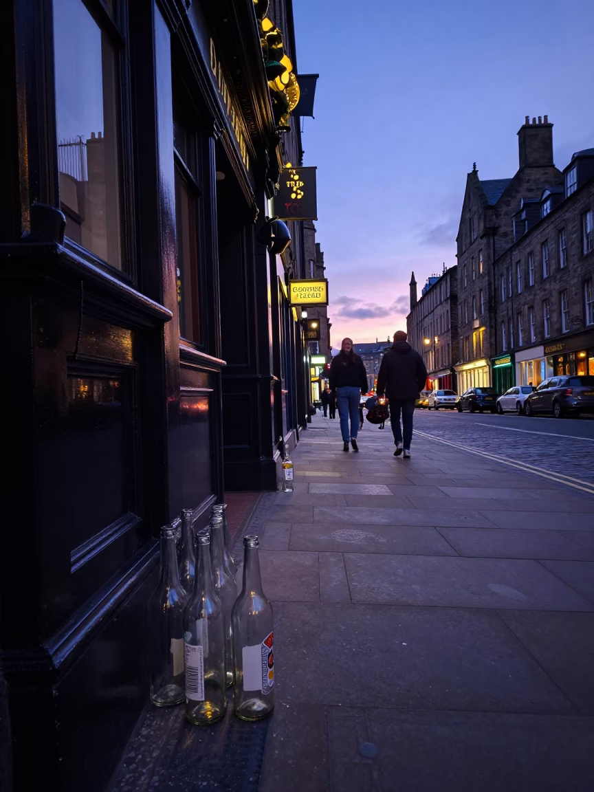 Edinburgh Indigo Twilight Street Scene with Glass Bottles and Kitchen Stool in in Edinburgh, United Kingdom