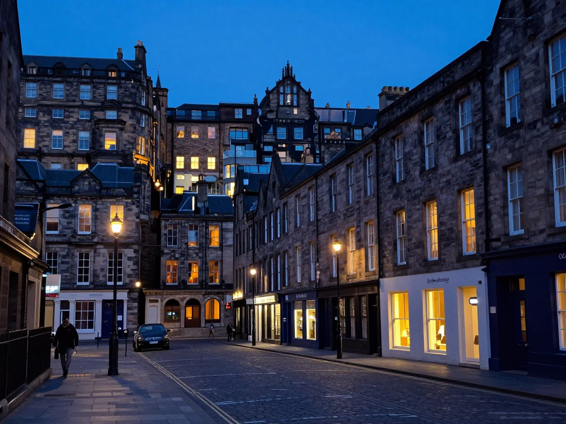 Edinburgh indigo twilight street scene with historic stone architecture and local life in in Edinburgh, United Kingdom