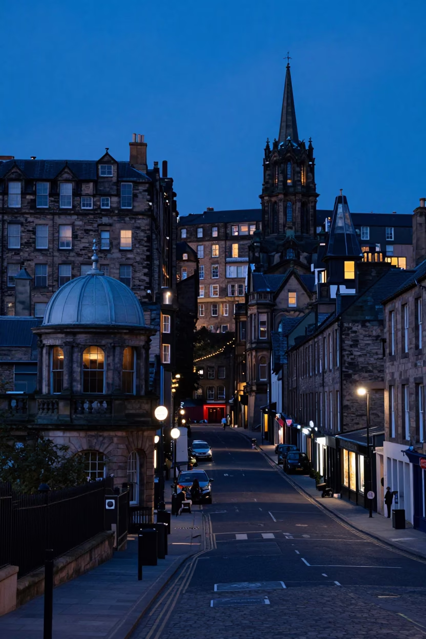 Edinburgh Indigo Twilight Street Scene with Observatory Stairwell and Local Pedestrians in in Edinburgh, United Kingdom