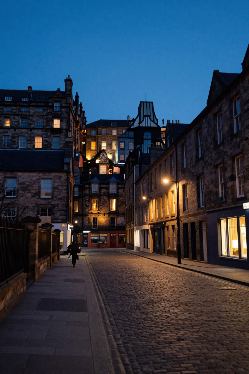 Edinburgh indigo twilight street scene with traditional architecture and evening activity in in Edinburgh, United Kingdom