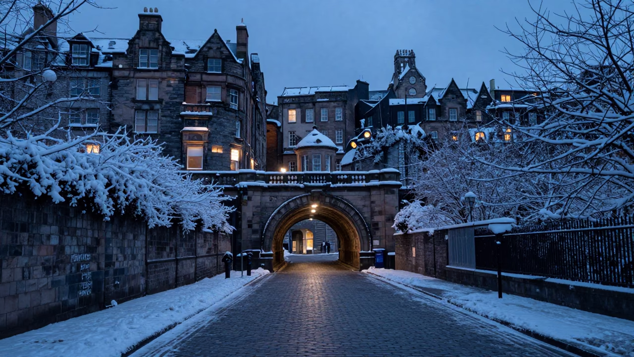 Edinburgh Indigo Twilight Street Scene with Tunnel Portal Snow and Sodium Lamps in in Edinburgh, United Kingdom