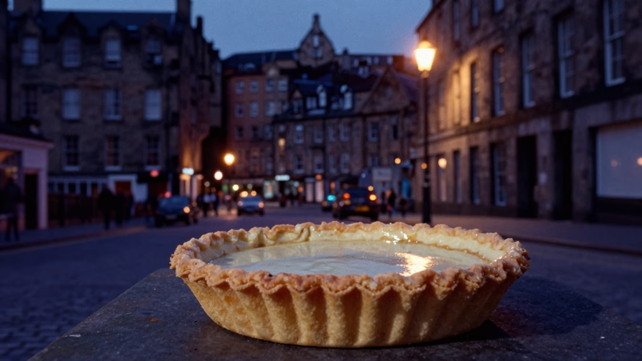 Edinburgh indigo twilight street scene with vintage tart tin and floodgate details in in Edinburgh, United Kingdom