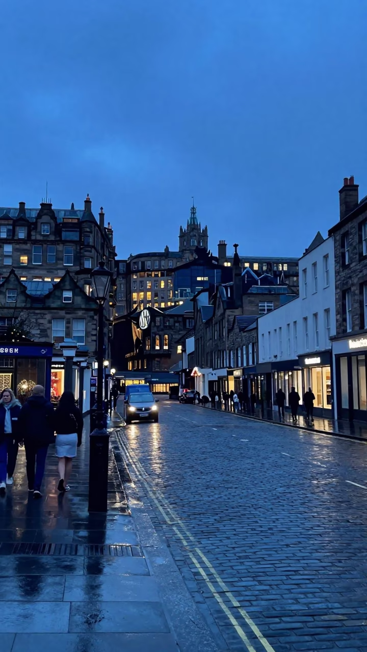 Edinburgh indigo twilight street scene with wet cobblestones and distant castle silhouette in in Edinburgh, United Kingdom