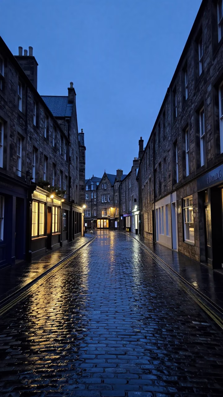 Edinburgh indigo twilight street scene with wet cobblestones and historic stone architecture in in Edinburgh, United Kingdom