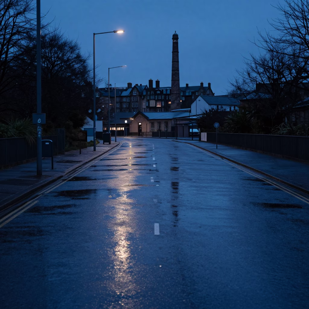 Edinburgh Indigo Twilight Substation Road Reflecting Oil Sheen Rainwater in in Edinburgh, United Kingdom
