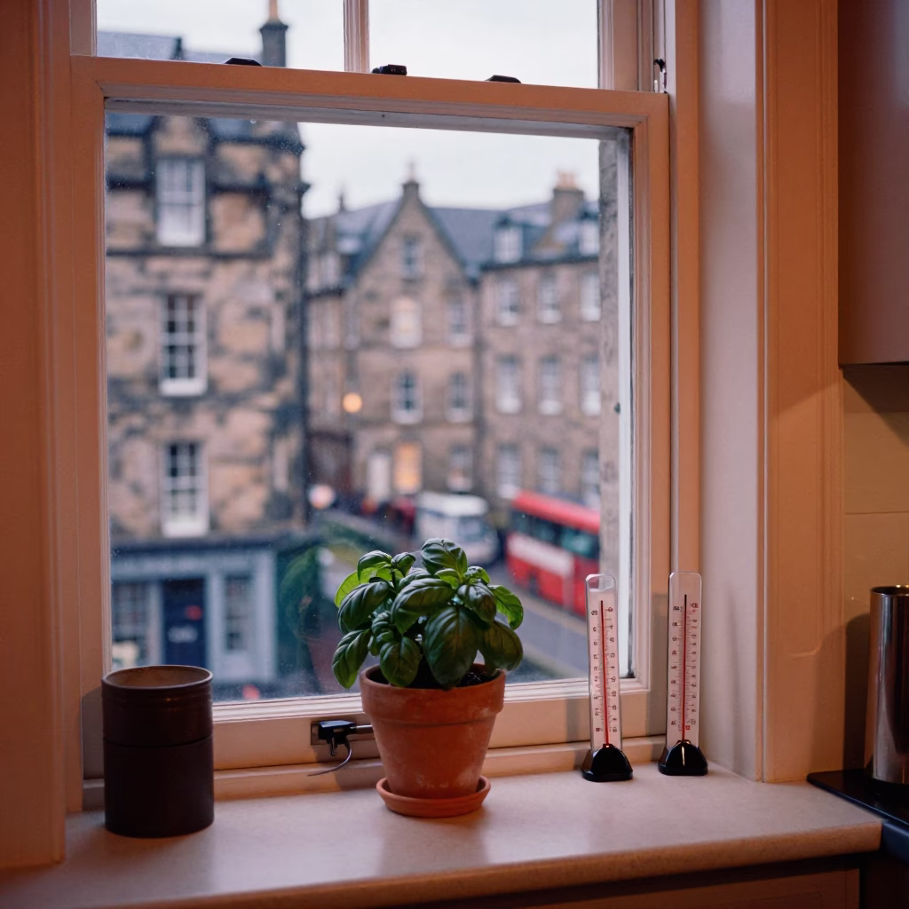 Edinburgh Kitchen Window View with Basil and Thermometer in Copper Dusk Light in in Edinburgh, United Kingdom