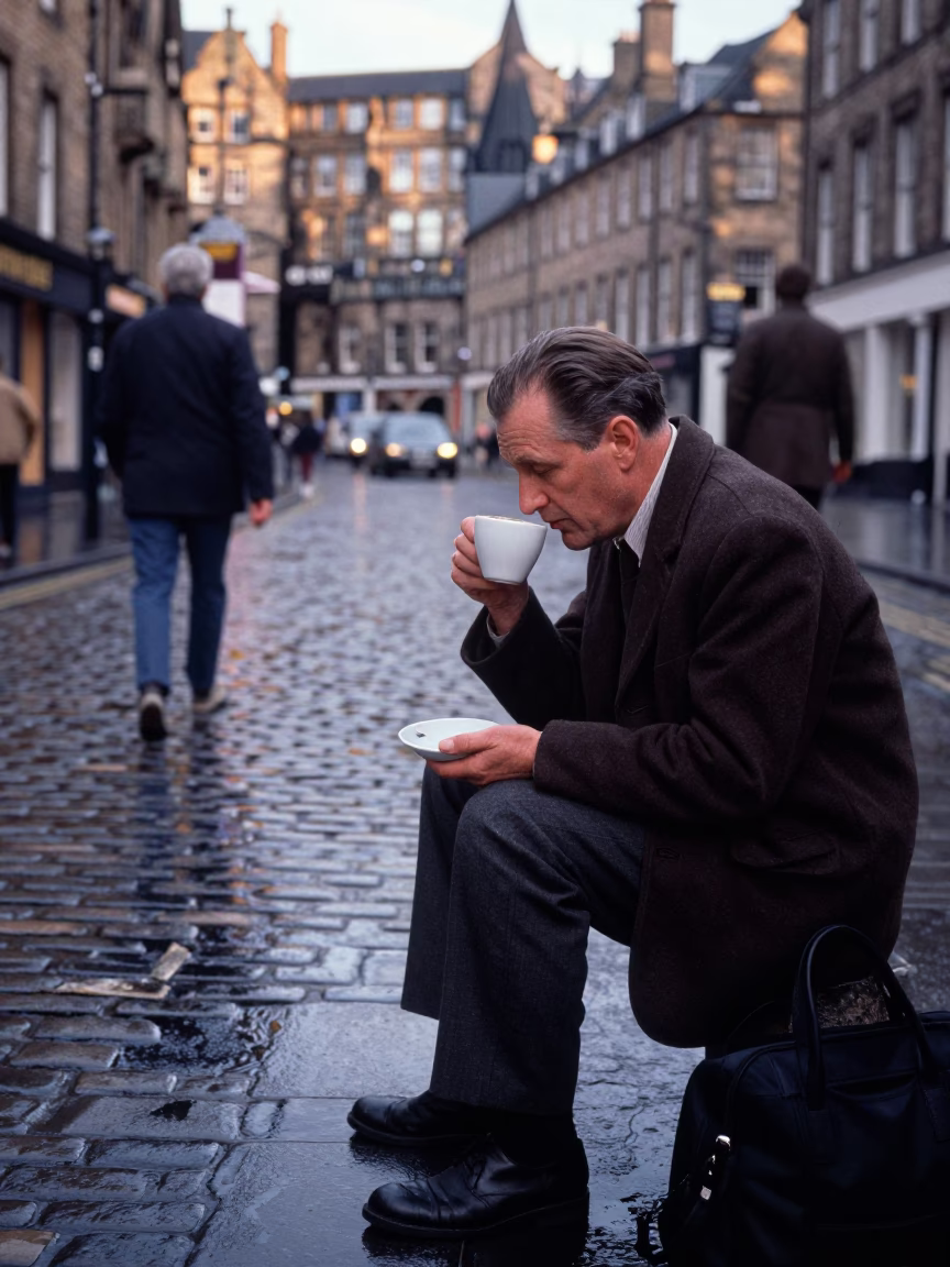 Edinburgh Late Afternoon Street Scene with Espresso Cup and Historic Stone Architecture in in Edinburgh, United Kingdom