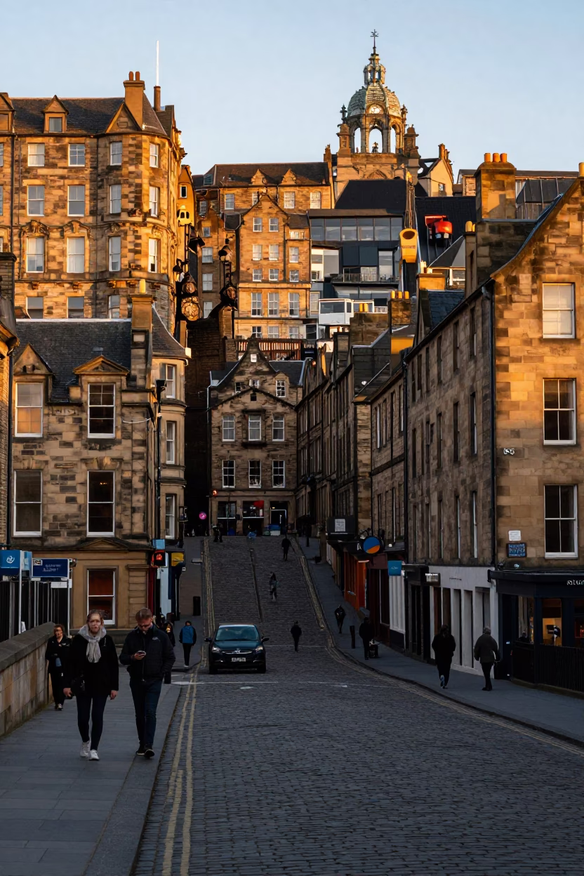 Edinburgh Late Afternoon Street Scene with Historic Architecture and Local Life in in Edinburgh, United Kingdom