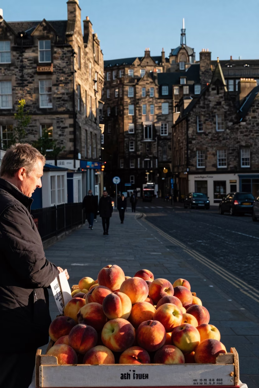 Edinburgh Late Afternoon Street Scene with Nectarines and Stone Architecture in in Edinburgh, United Kingdom
