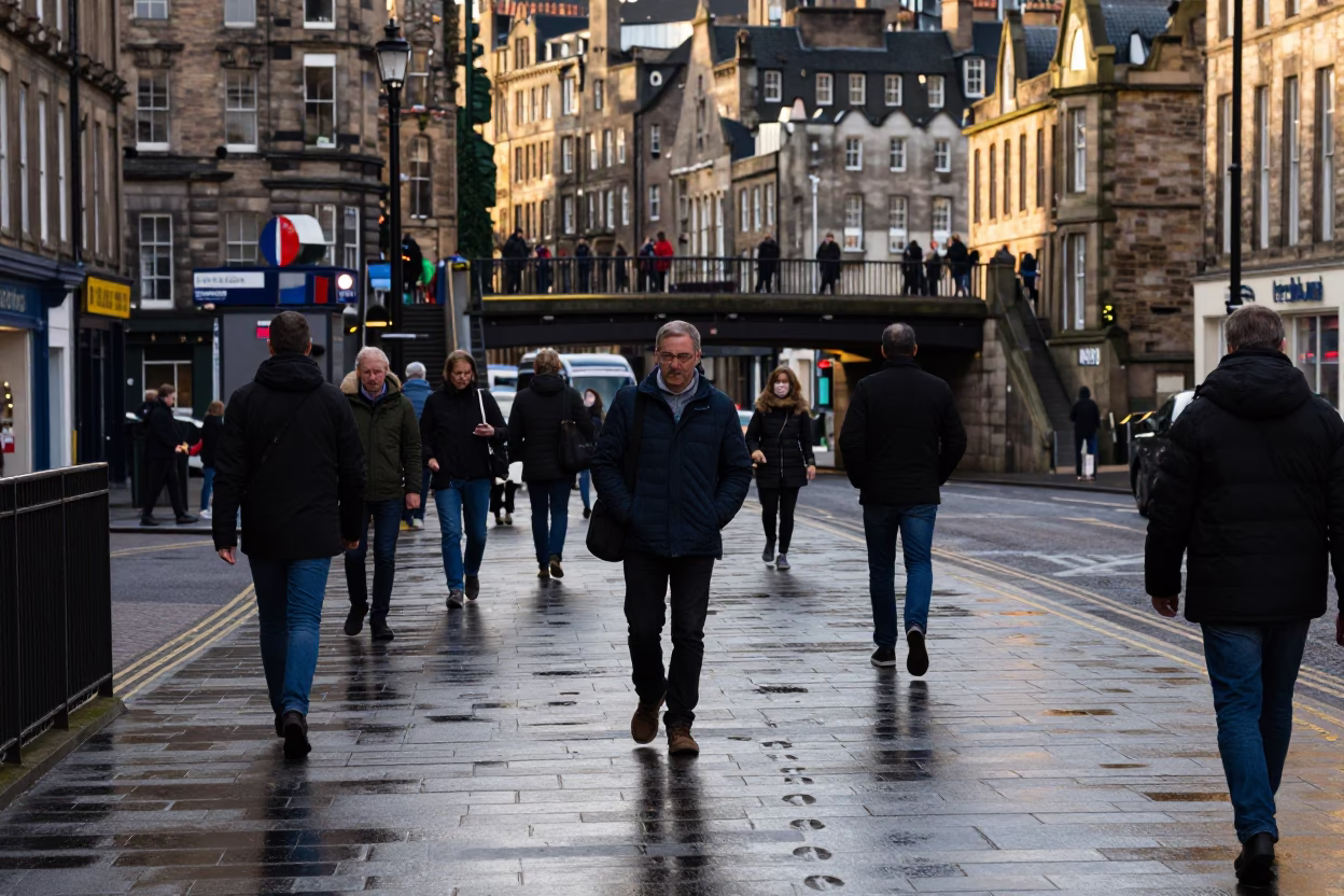 Edinburgh Late Afternoon Street Scene with Pedestrian Overpass and Wet Footsteps in in Edinburgh, United Kingdom