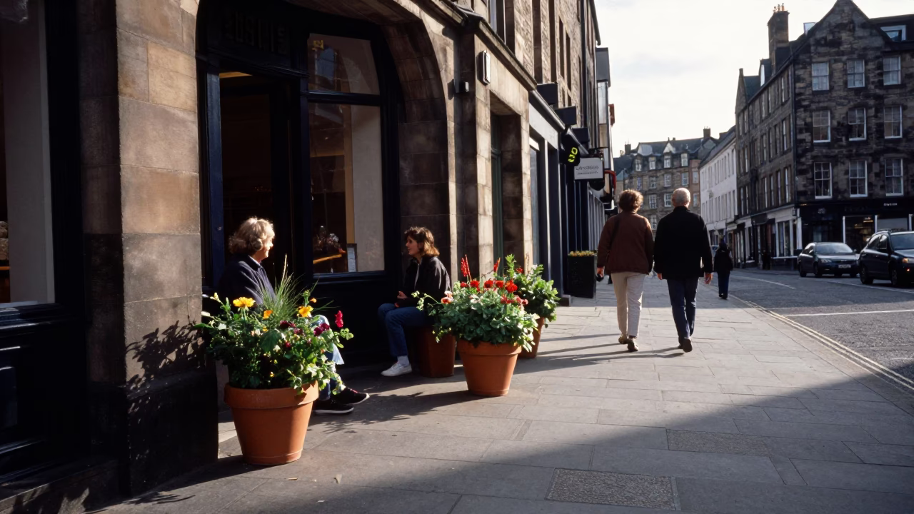 Edinburgh Late Afternoon Street Scene with Potted Herbs and Ceramic Window Reflection in in Edinburgh, United Kingdom