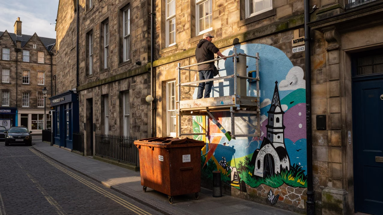 Edinburgh Late Afternoon Street Scene with Rusty Bin and Muralist on Scaffold in in Edinburgh, United Kingdom