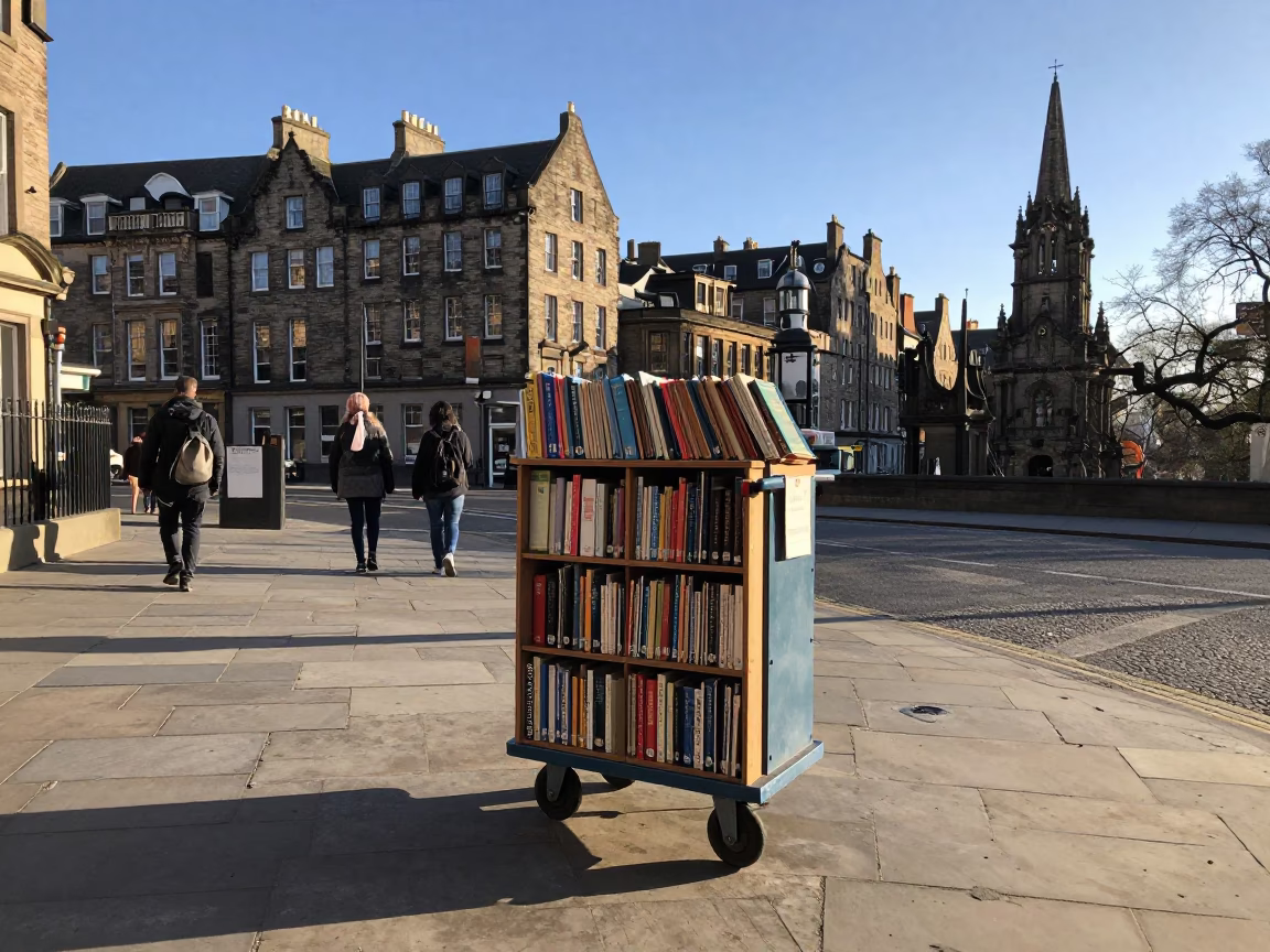 Edinburgh Late Afternoon Street Scene with School Library Cart and Vintage Majolica Plate Display in in Edinburgh, United Kingdom